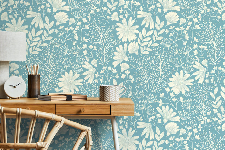 Botanical Wallpaper with Stylized Wildflowers in Light Blue and Cream - D131