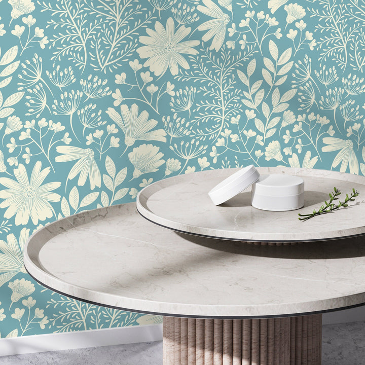 Botanical Wallpaper with Stylized Wildflowers in Light Blue and Cream - D131