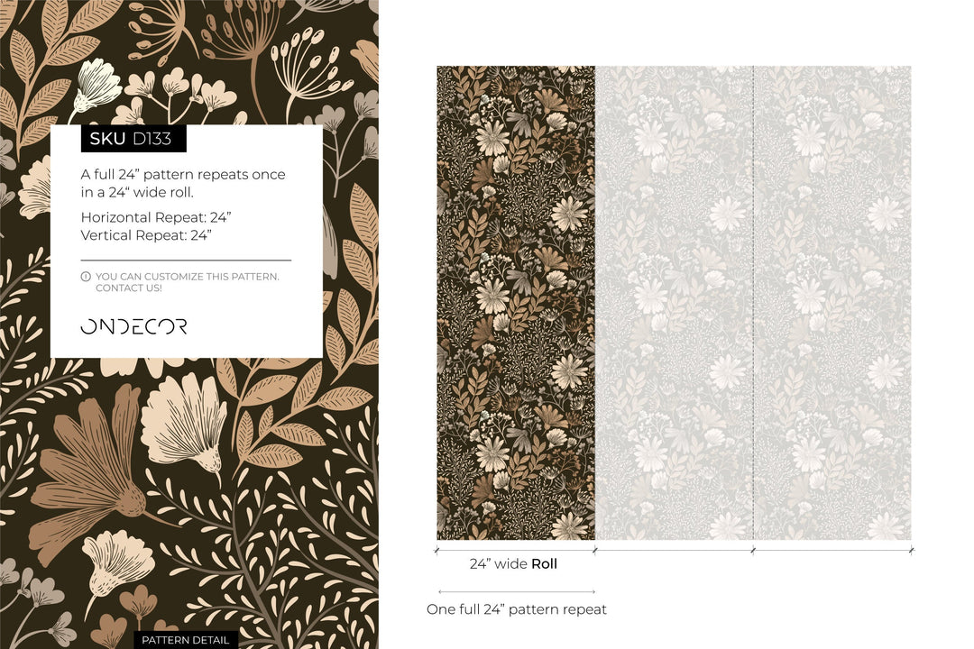 Floral Wallpaper Featuring a Boho Wildflower Meadow in Brown and Beige - D133