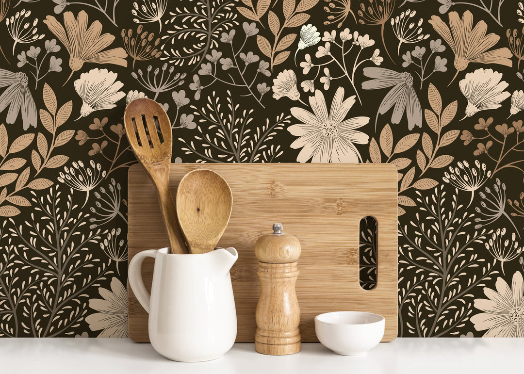 Floral Wallpaper Featuring a Boho Wildflower Meadow in Brown and Beige - D133