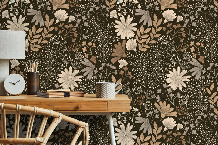 Floral Wallpaper Featuring a Boho Wildflower Meadow in Brown and Beige - D133