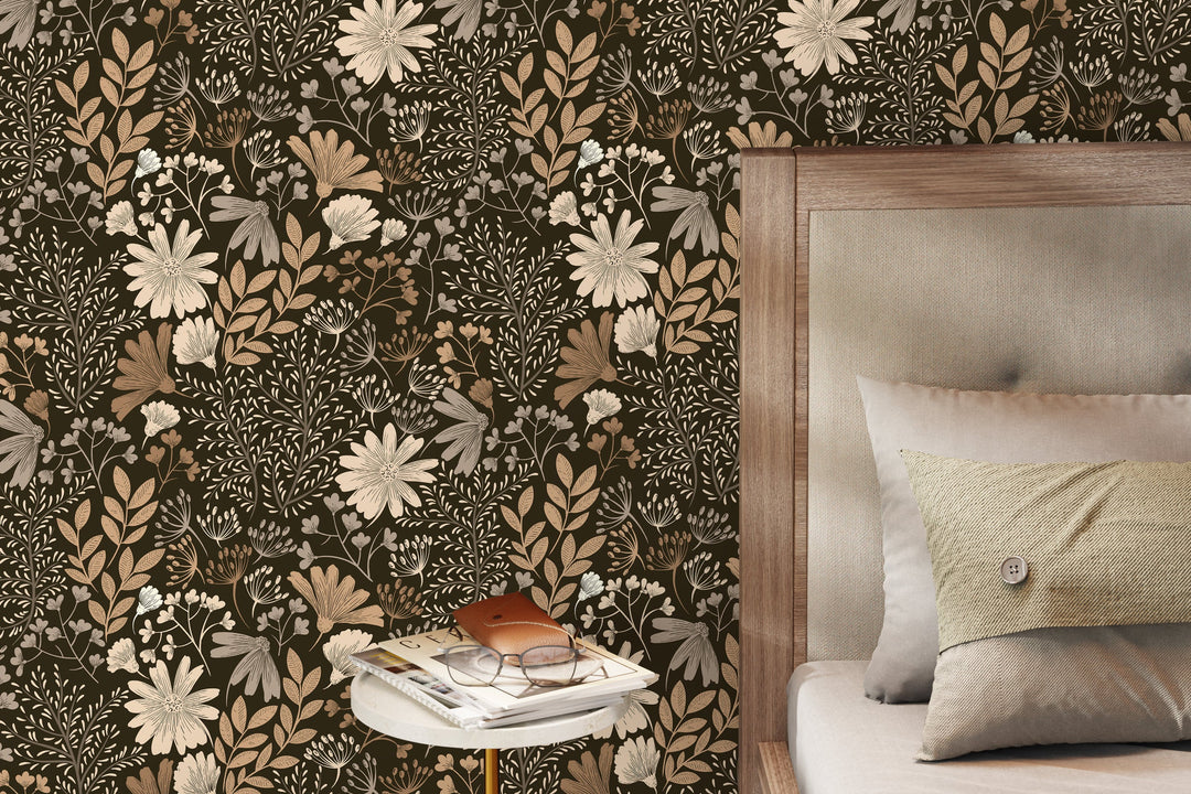 Floral Wallpaper Featuring a Boho Wildflower Meadow in Brown and Beige - D133