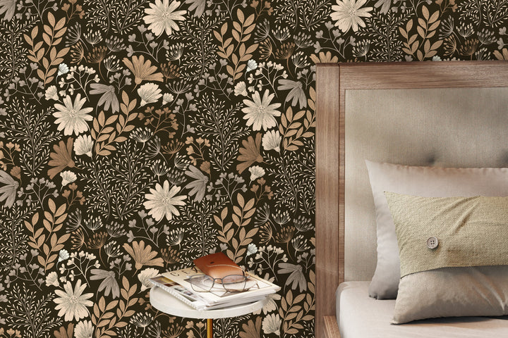 Floral Wallpaper Featuring a Boho Wildflower Meadow in Brown and Beige - D133