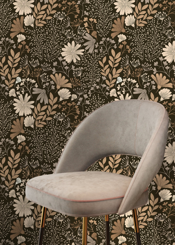 Floral Wallpaper Featuring a Boho Wildflower Meadow in Brown and Beige - D133