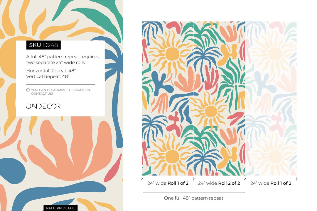 Tropical Wallpaper with Matisse Inspired Shapes in Blue, Yellow, and Teal - D248