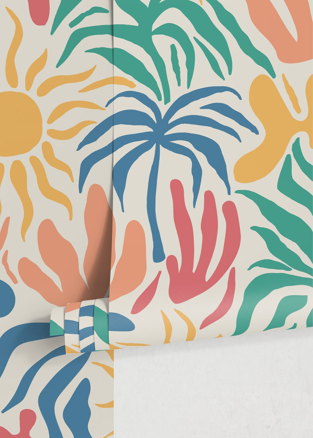 Tropical Wallpaper with Matisse Inspired Shapes in Blue, Yellow, and Teal - D248