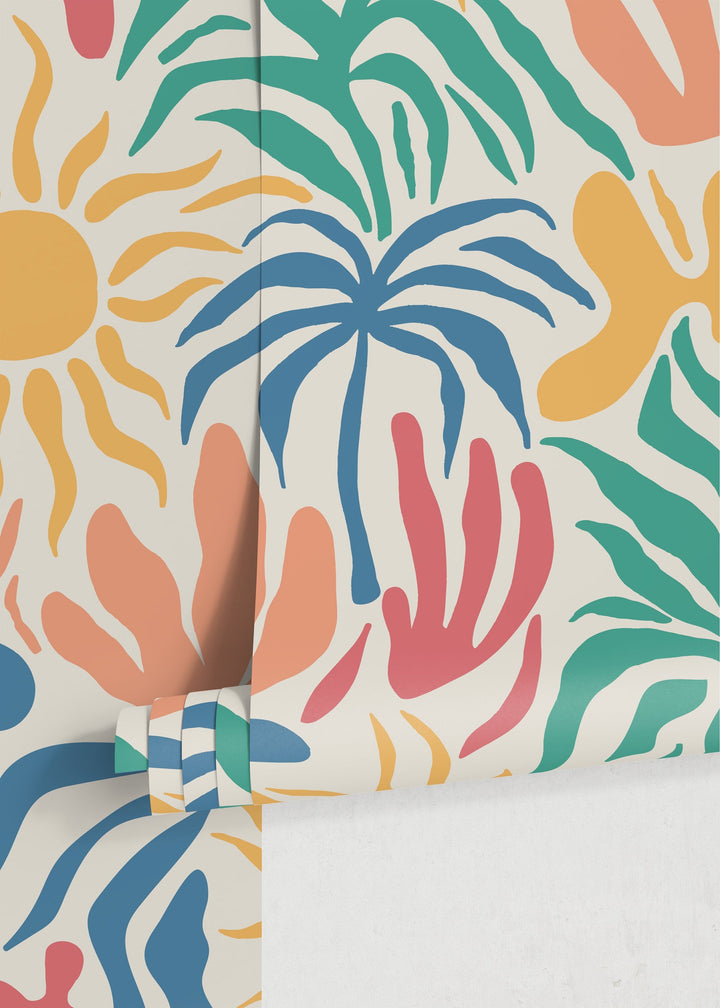 Tropical Wallpaper with Matisse Inspired Shapes in Blue, Yellow, and Teal - D248