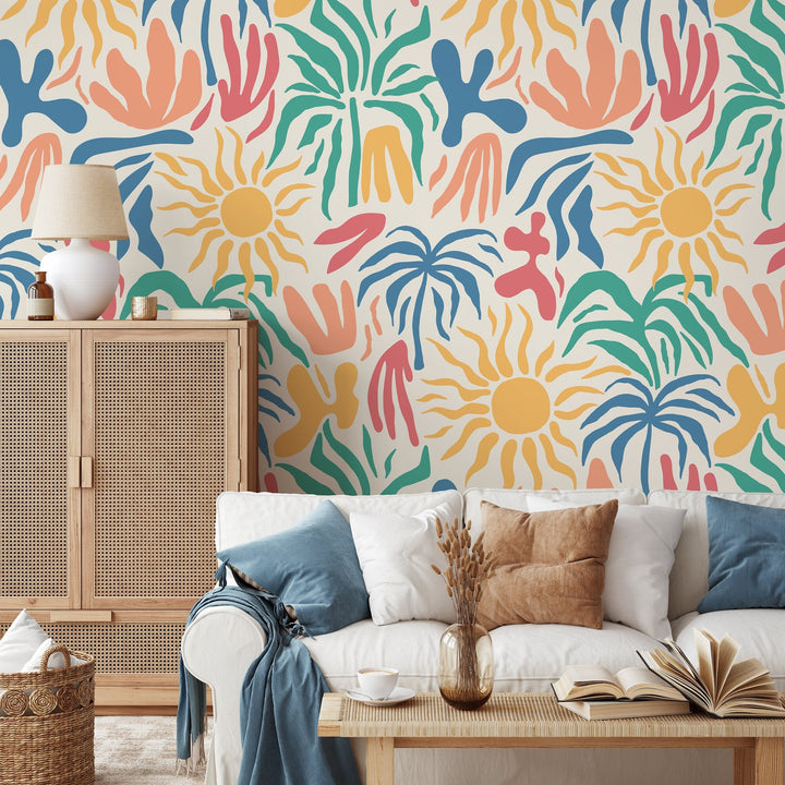 Tropical Wallpaper with Matisse Inspired Shapes in Blue, Yellow, and Teal - D248
