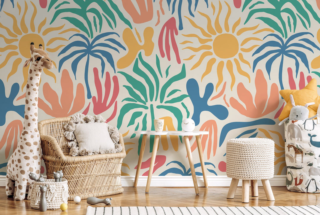 Tropical Wallpaper with Matisse Inspired Shapes in Blue, Yellow, and Teal - D248