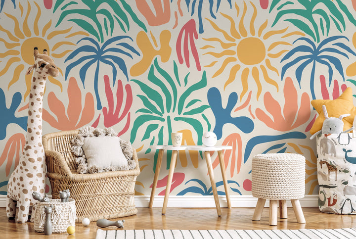 Tropical Wallpaper with Matisse Inspired Shapes in Blue, Yellow, and Teal - D248