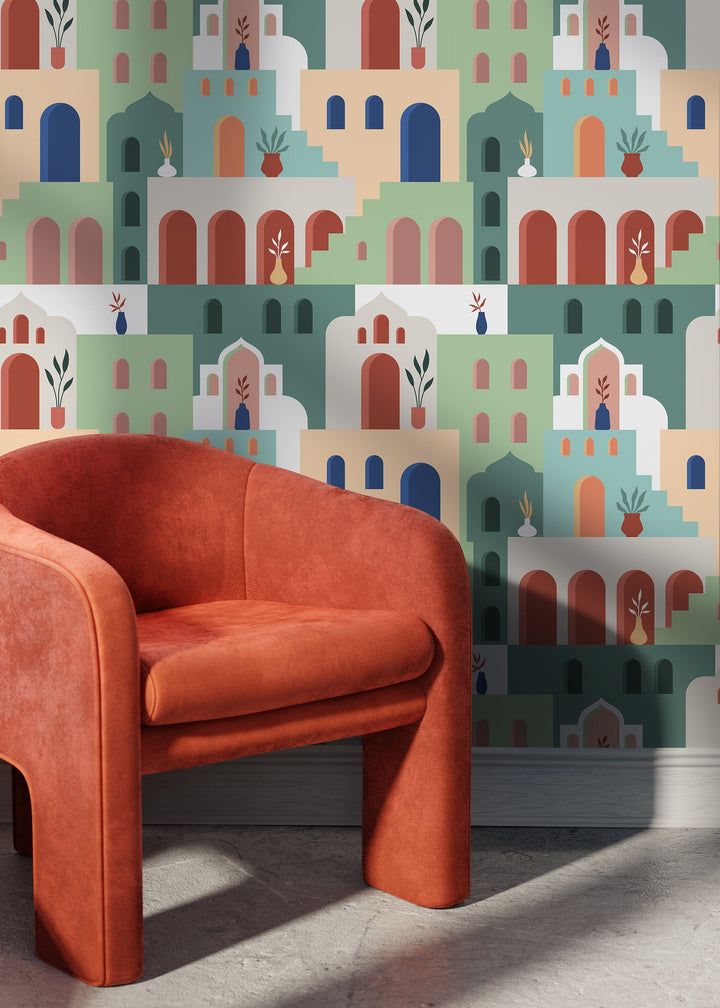 Moroccan Wallpaper with a Stylized Village Scene in Green, Beige, and Terracotta - D204