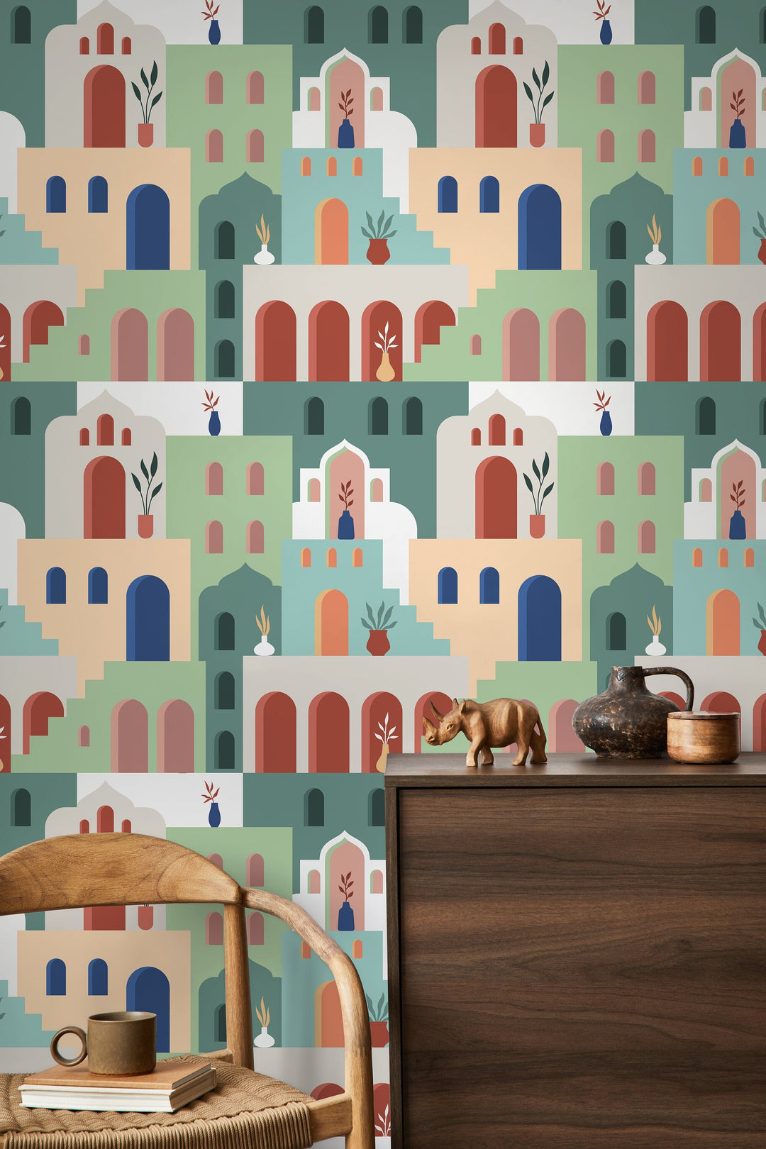 Moroccan Wallpaper with a Stylized Village Scene in Green, Beige, and Terracotta - D204