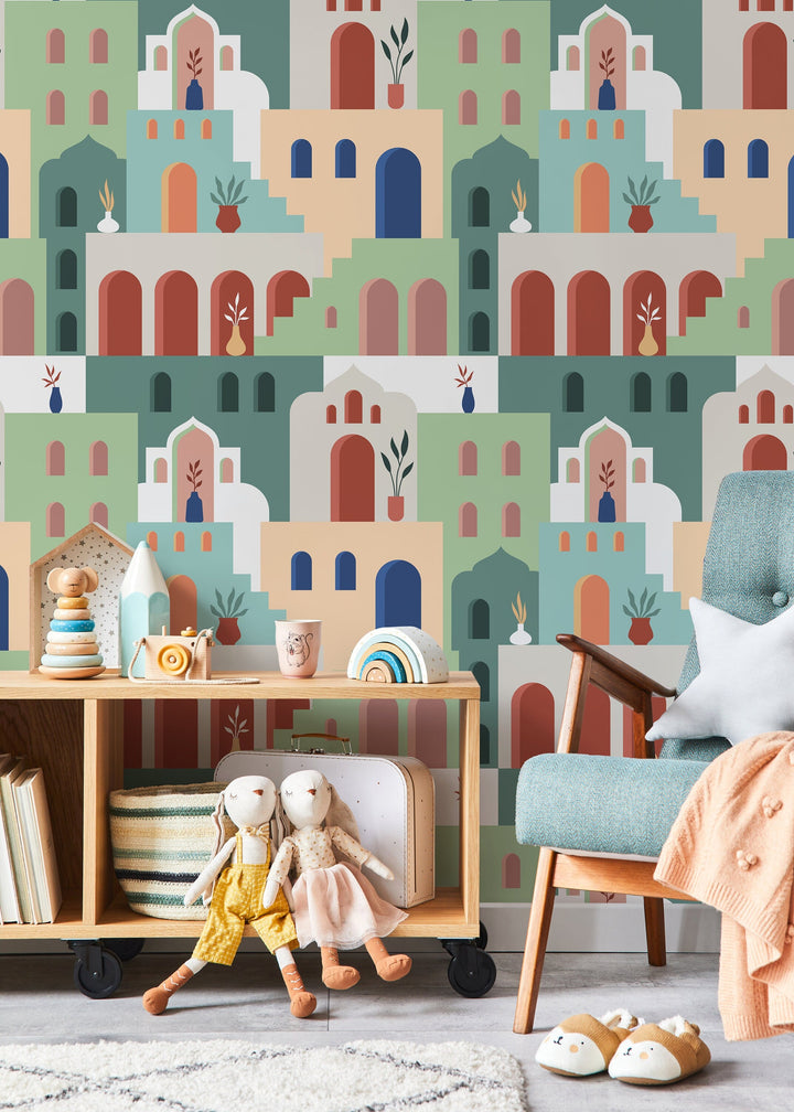 Moroccan Wallpaper with a Stylized Village Scene in Green, Beige, and Terracotta - D204