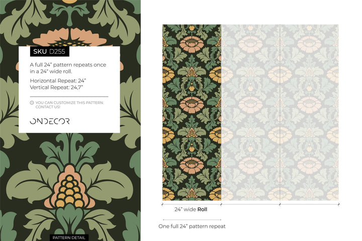 Damask Wallpaper with a Vintage Floral Motif in Green, Gold, and Pink - D255