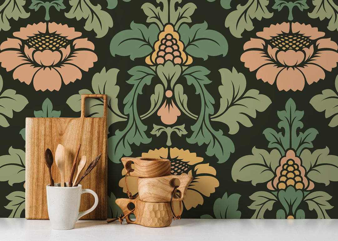 Damask Wallpaper with a Vintage Floral Motif in Green, Gold, and Pink - D255