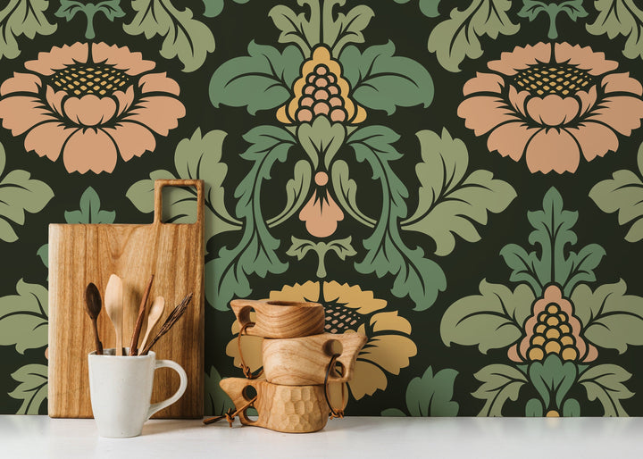 Damask Wallpaper with a Vintage Floral Motif in Green, Gold, and Pink - D255