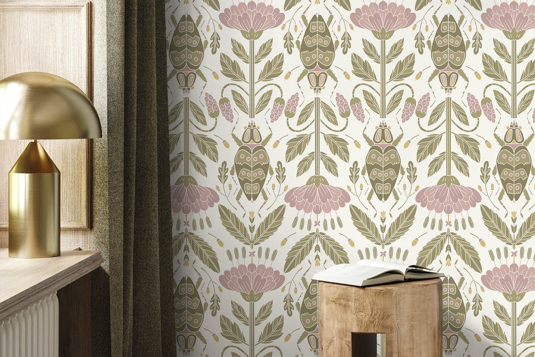 Floral Wallpaper with an Art Nouveau Beetle Motif in Pink and Green - D298