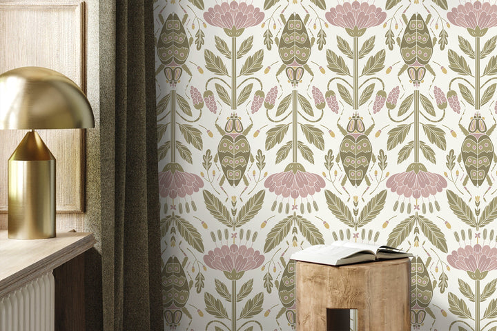 Floral Wallpaper with an Art Nouveau Beetle Motif in Pink and Green - D298