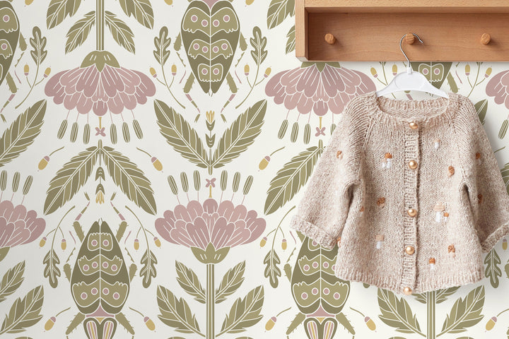 Floral Wallpaper with an Art Nouveau Beetle Motif in Pink and Green - D298