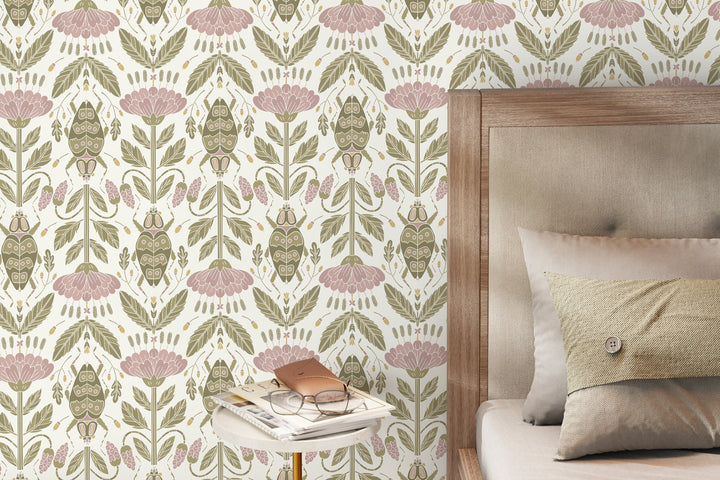 Floral Wallpaper with an Art Nouveau Beetle Motif in Pink and Green - D298