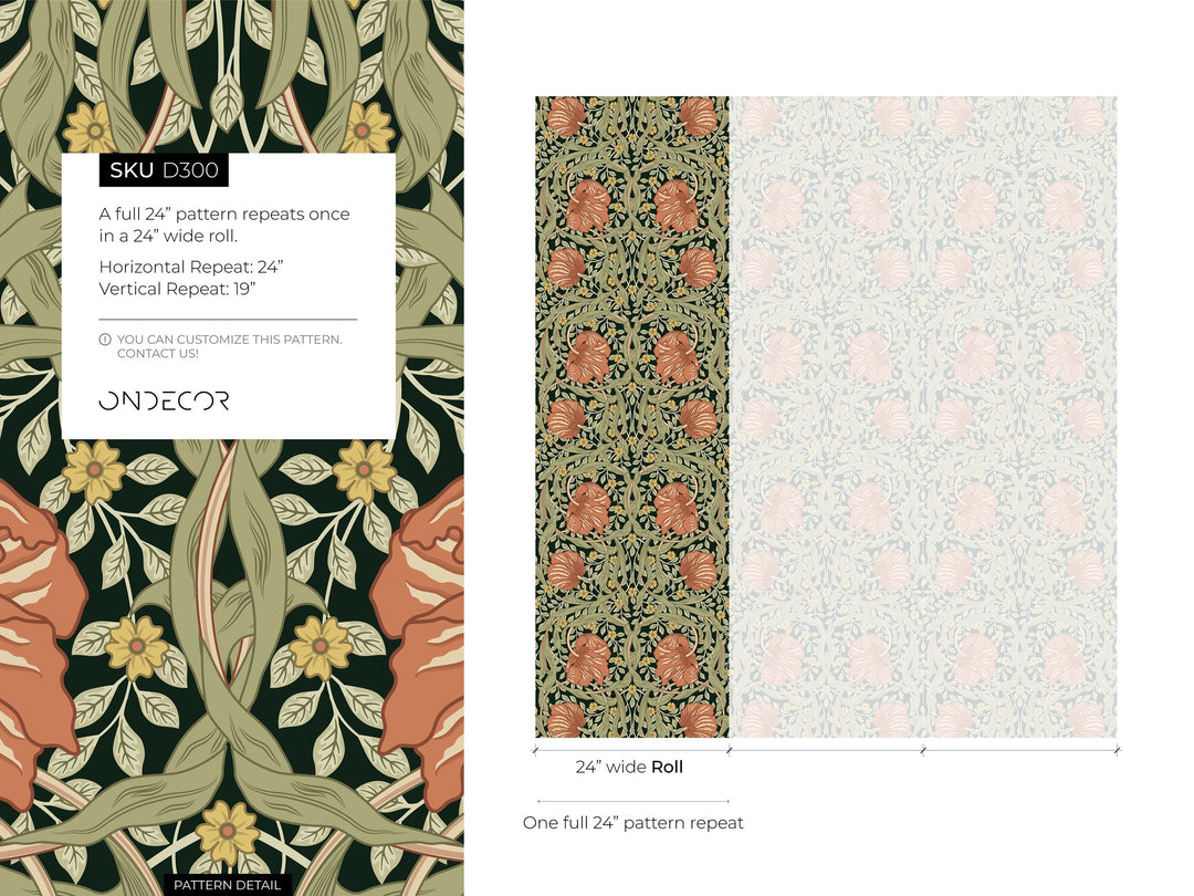 Floral Wallpaper with a Vintage Morris Style Motif in Green, Terracotta, and Yellow - D300