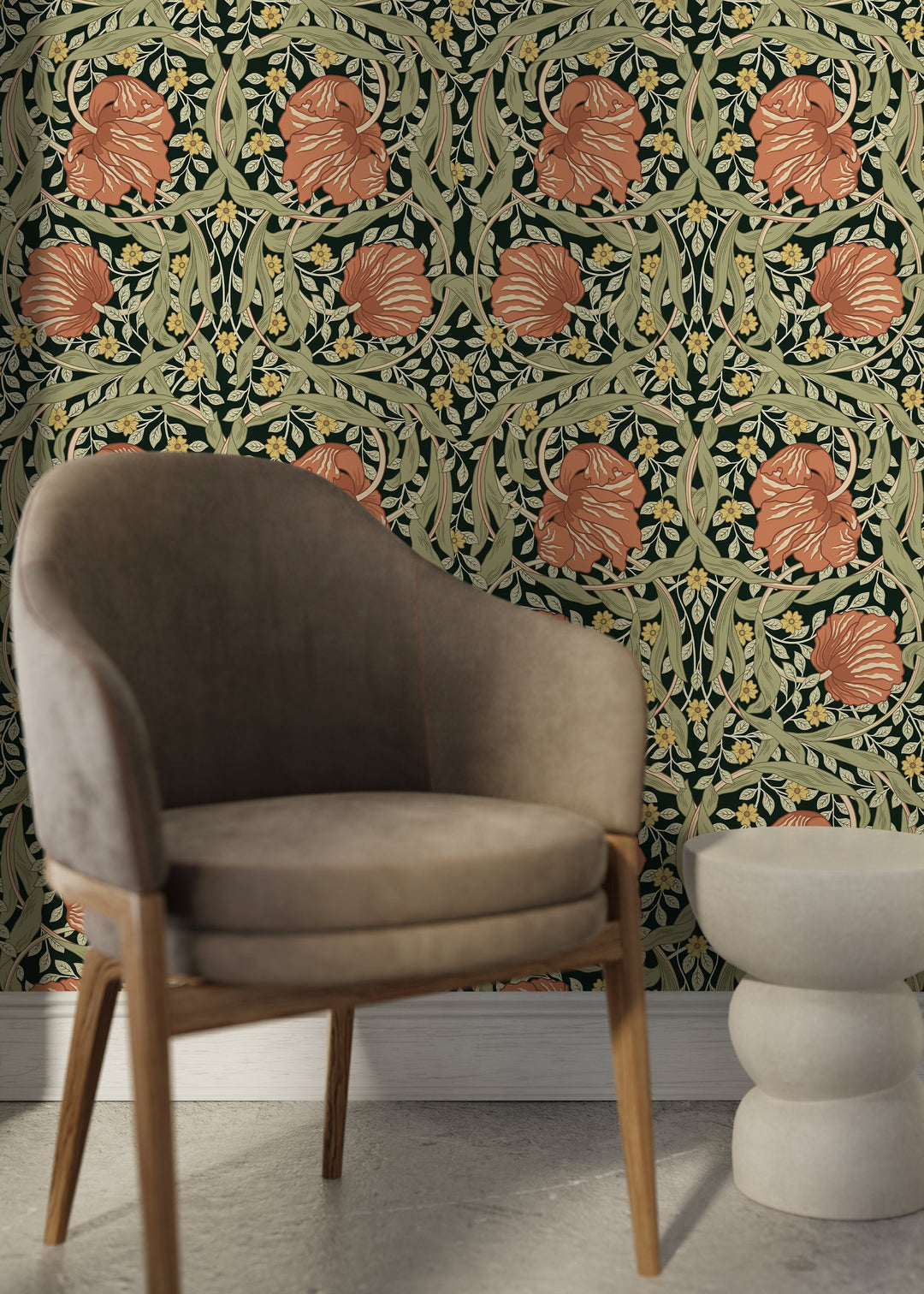 Floral Wallpaper with a Vintage Morris Style Motif in Green, Terracotta, and Yellow - D300