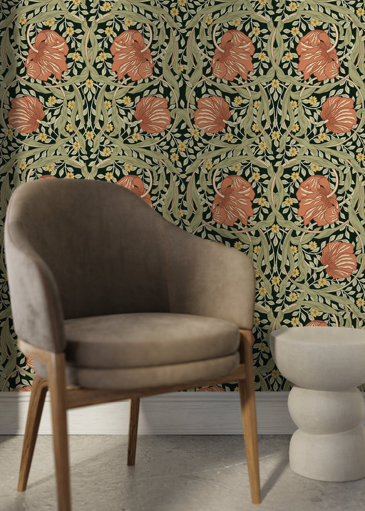 Floral Wallpaper with a Vintage Morris Style Motif in Green, Terracotta, and Yellow - D300