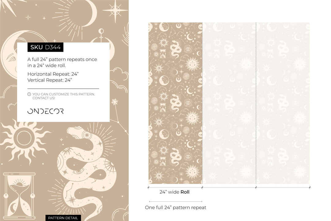 Celestial Wallpaper with Mystical Snakes and Moons in Beige and Cream - D344
