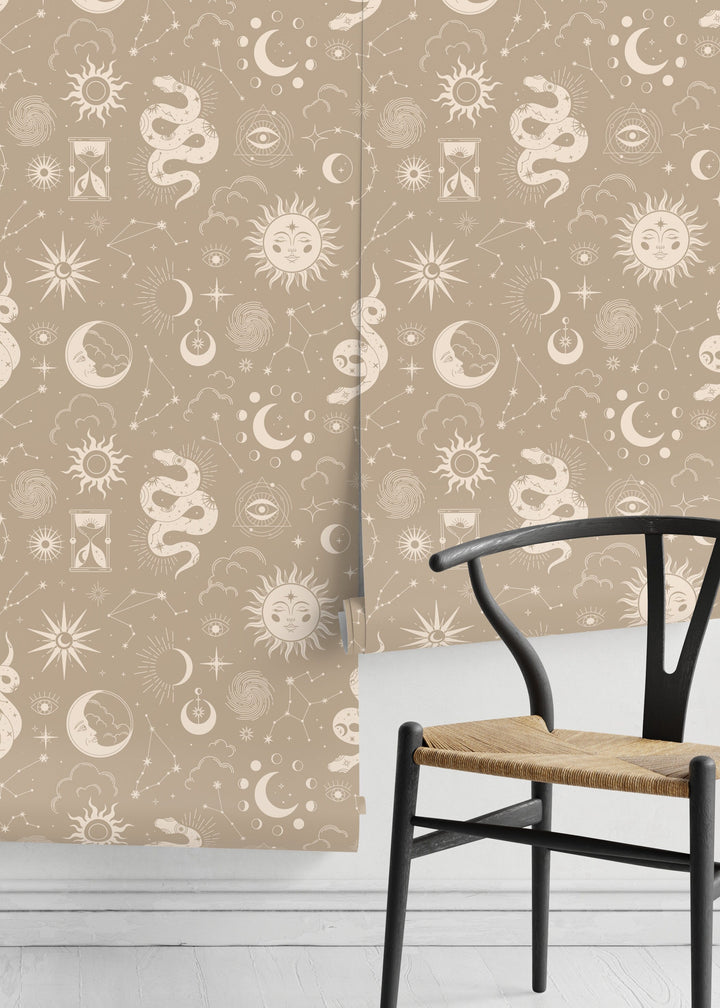 Celestial Wallpaper with Mystical Snakes and Moons in Beige and Cream - D344