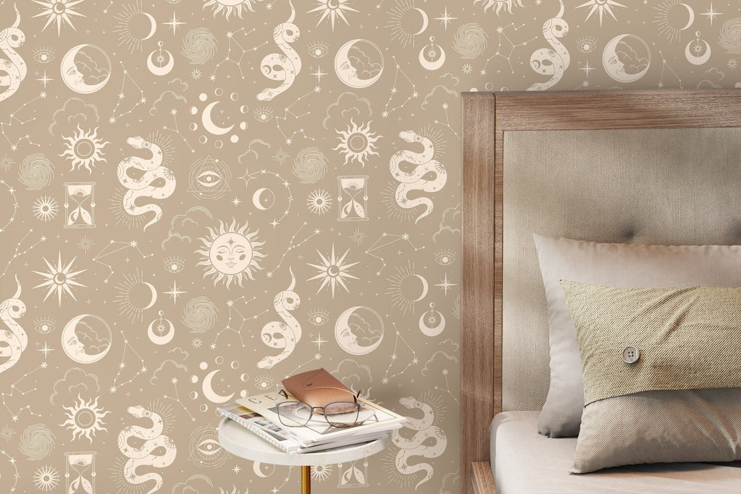 Celestial Wallpaper with Mystical Snakes and Moons in Beige and Cream - D344