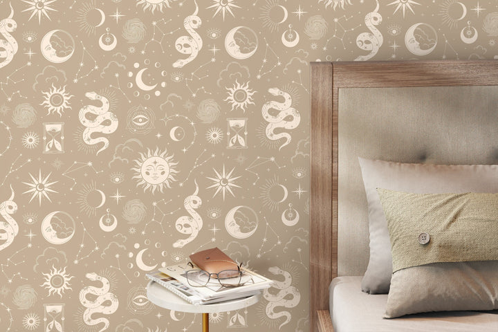 Celestial Wallpaper with Mystical Snakes and Moons in Beige and Cream - D344