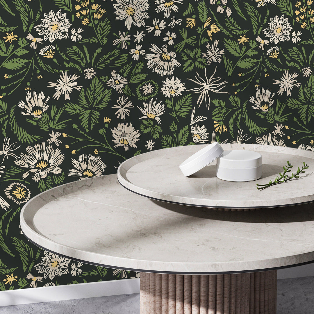 Botanical Wallpaper with Sketchy Wildflowers in Green, Cream, and Yellow - D319