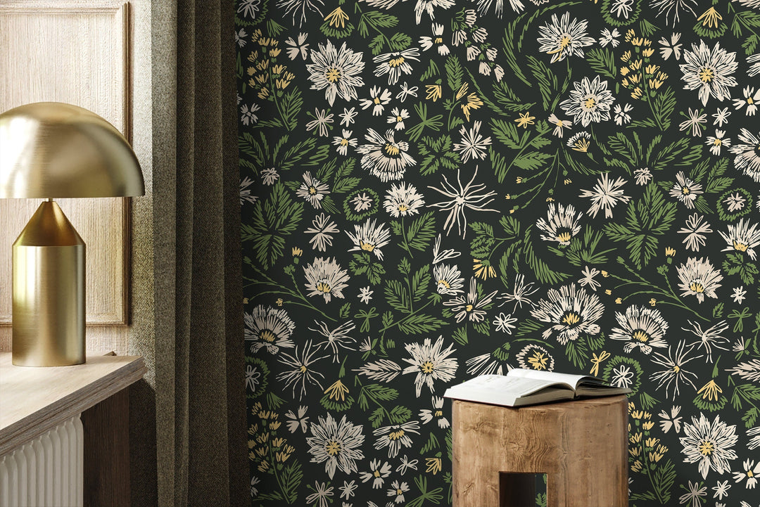 Botanical Wallpaper with Sketchy Wildflowers in Green, Cream, and Yellow - D319