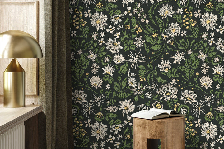 Botanical Wallpaper with Sketchy Wildflowers in Green, Cream, and Yellow - D319