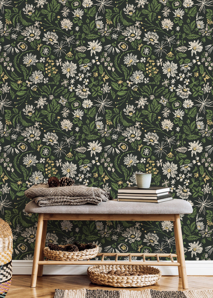 Botanical Wallpaper with Sketchy Wildflowers in Green, Cream, and Yellow - D319