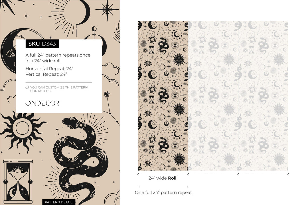 Celestial Wallpaper with Suns, Moons, and Snakes in Black and Beige - D343