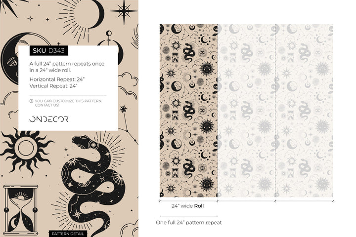 Celestial Wallpaper with Suns, Moons, and Snakes in Black and Beige - D343