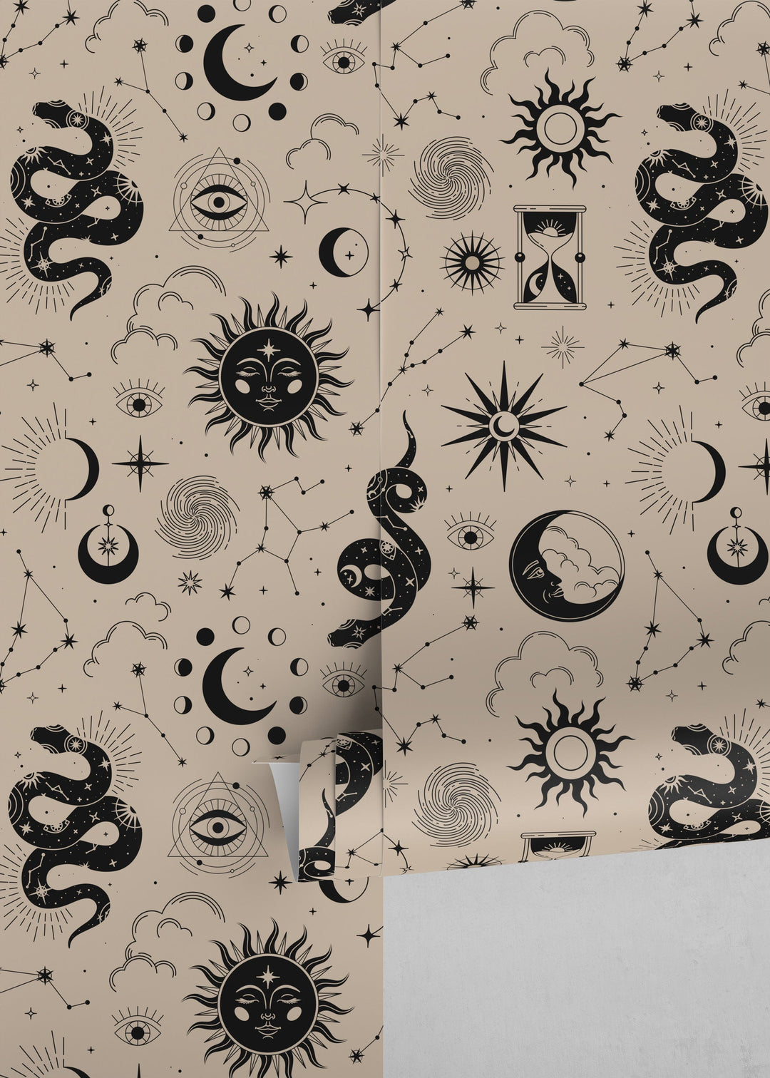 Celestial Wallpaper with Suns, Moons, and Snakes in Black and Beige - D343