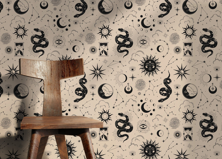 Celestial Wallpaper with Suns, Moons, and Snakes in Black and Beige - D343