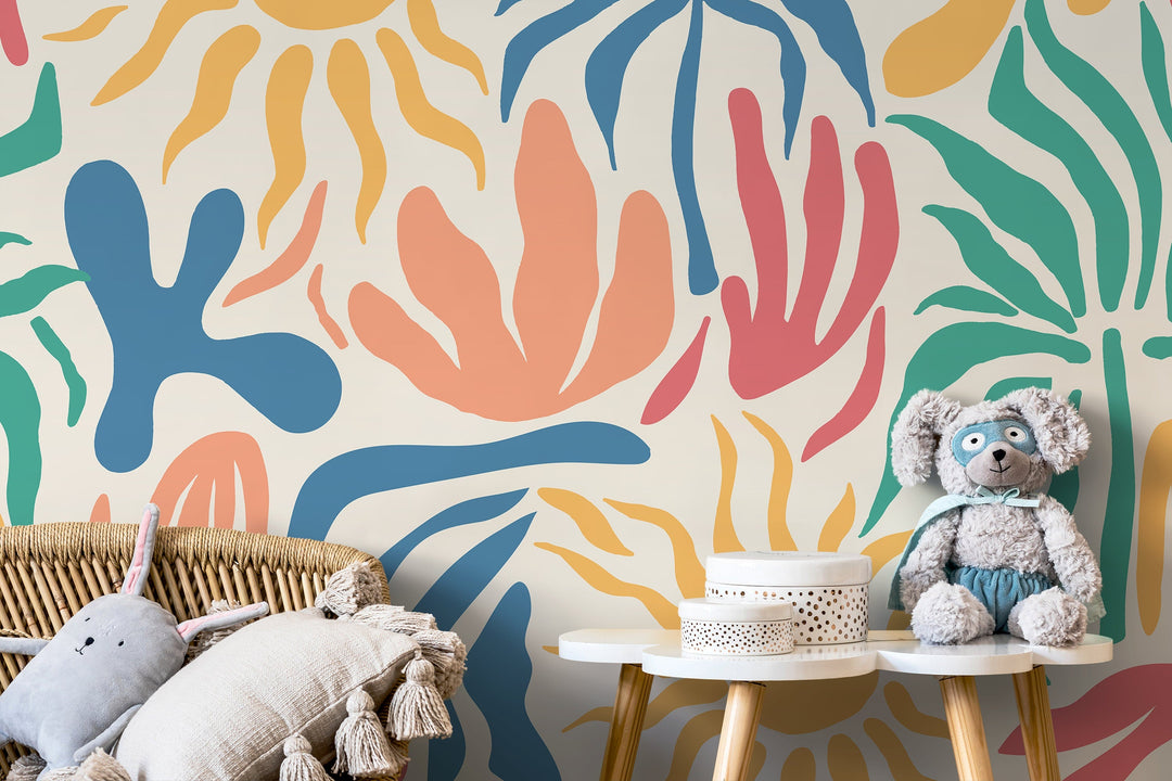 Tropical Wallpaper with Matisse Inspired Shapes in Blue, Yellow, and Teal - D248