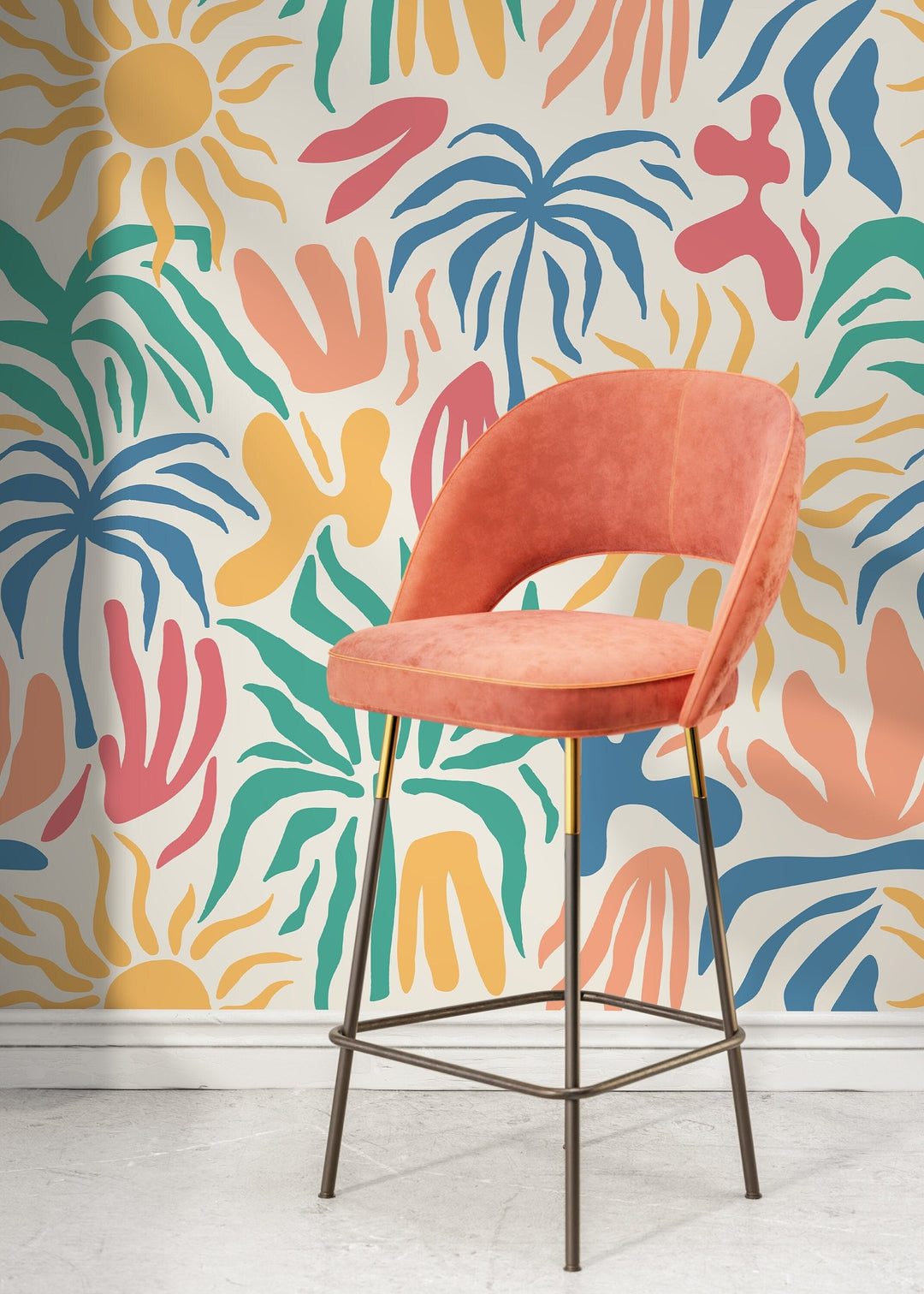 Tropical Wallpaper with Matisse Inspired Shapes in Blue, Yellow, and Teal - D248