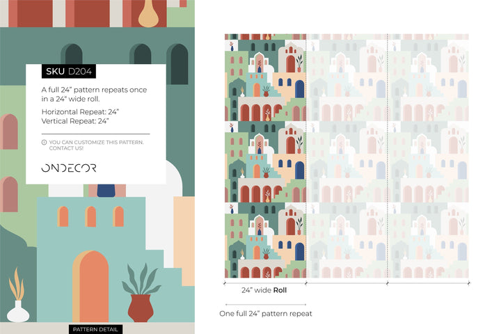 Moroccan Wallpaper with a Stylized Village Scene in Green, Beige, and Terracotta - D204