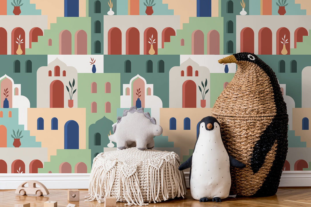 Moroccan Wallpaper with a Stylized Village Scene in Green, Beige, and Terracotta - D204