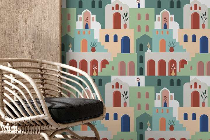 Moroccan Wallpaper with a Stylized Village Scene in Green, Beige, and Terracotta - D204