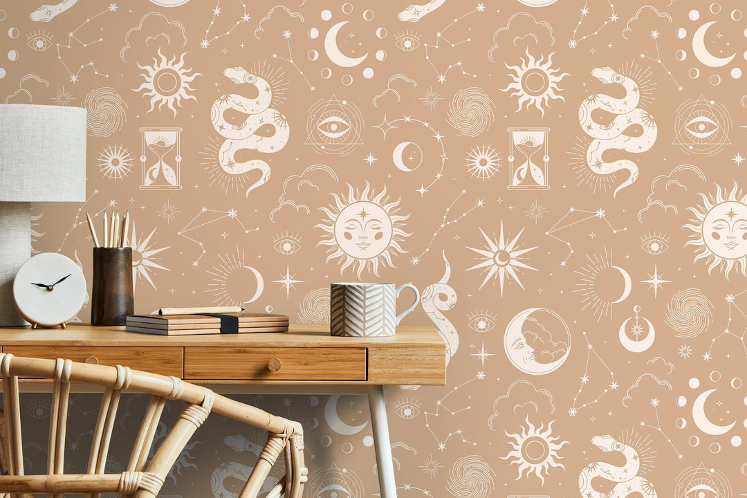 Celestial Wallpaper with Sun, Moon, and Stars in Beige and Cream - D346