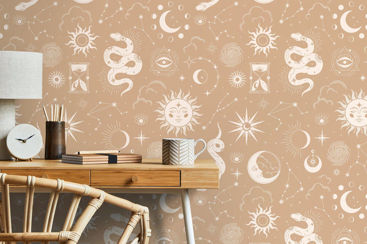 Celestial Wallpaper with Sun, Moon, and Stars in Beige and Cream - D346