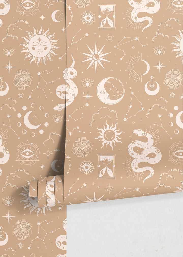 Celestial Wallpaper with Sun, Moon, and Stars in Beige and Cream - D346