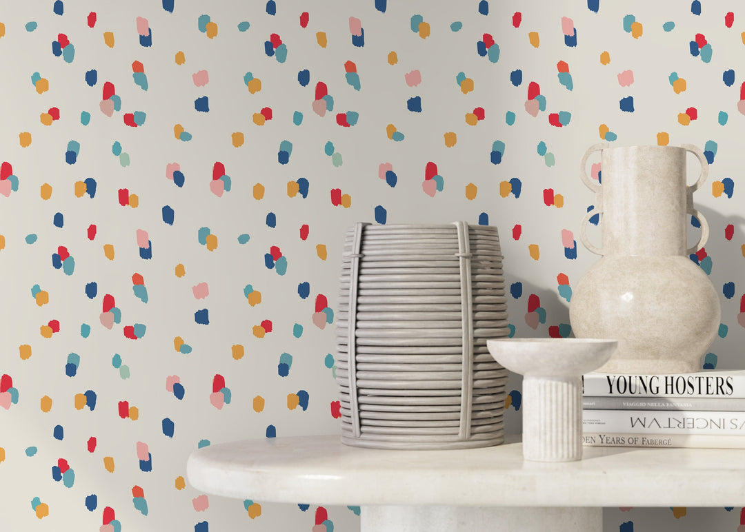 Abstract Wallpaper with Colorful Brush Strokes in Blue, Red, and Yellow - D347