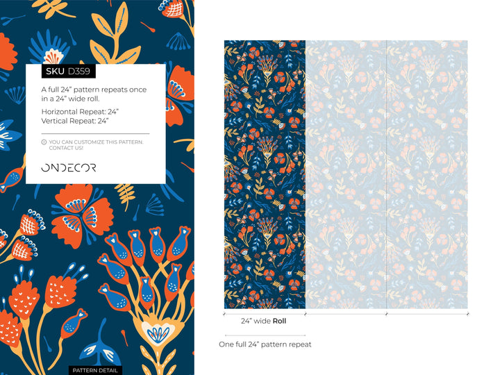 Floral Wallpaper with a Folk Art Motif in Orange, Blue, and Yellow - D359
