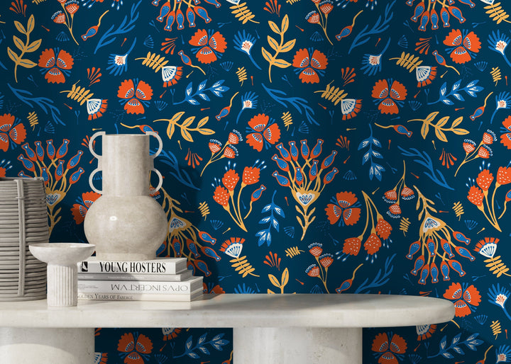 Floral Wallpaper with a Folk Art Motif in Orange, Blue, and Yellow - D359